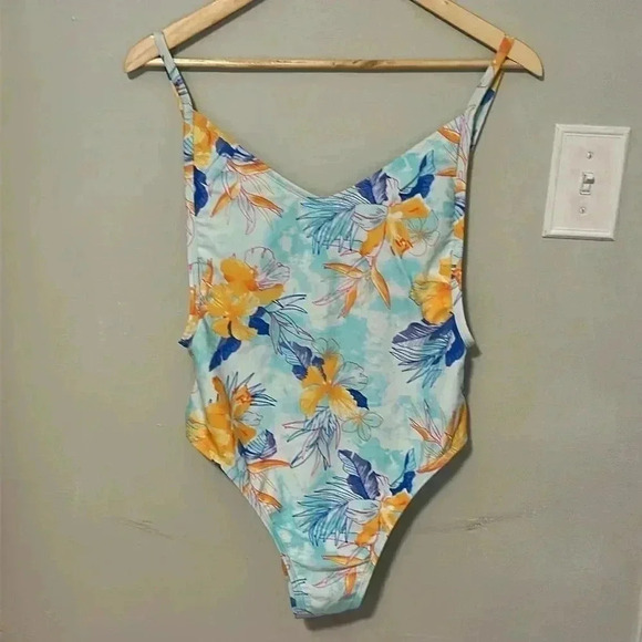 XHILARATION TROPICAL SCOOP BACK HIGH HIP ONE PIECE FLORAL SWIMSUIT, BLUE… - Picture 7 of 13